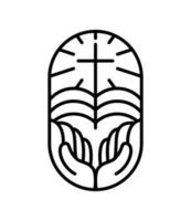 cruz de linha de religião vetorial, bíblia de livro aberto e mãos na igreja. ilustração do ícone do logotipo isolada. jesus cristo no calvário é o centro do cristianismo. deus perdão e amor pelas pessoas vetor