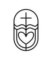 cruz de linha de religião, coração e bíblia de livro aberto na igreja. ilustração em vetor logotipo ícone isolada. jesus cristo no calvário é o centro do cristianismo. deus perdão e ama as pessoas