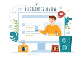 revisão de eletrônicos com qualidade de serviço ou aplicativo de avaliação do cliente e fornecer feedback na ilustração de modelos desenhados à mão de desenhos animados planos vetor