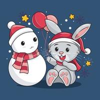 coelho fofo e boneco de neve com download de ilustração vetorial de balão vetor