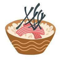 poke bowl com arroz, legumes, ovo, carne, peixe, camarão e algas. comida asiática. perfeito para café de restaurante e menus de impressão. vector mão desenhar ilustração dos desenhos animados.