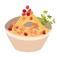 macarrão ramen com ovo, carne, peixe, camarão e algas marinhas. comida asiática. perfeito para café de restaurante e menus de impressão. vector mão desenhar ilustração dos desenhos animados.