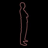 homem neon em pé com as mãos cruzadas cirurgião dentista em roupas médicas com as mãos postas no peito conceito do fim da operação cirúrgica vista lateral cor vermelha ilustração vetorial estilo plano vetor