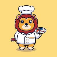 vetor leão chef mascote logotipo desenho animado fofo criativo kawaii. ilustração animal fofa carregando comida de sushi