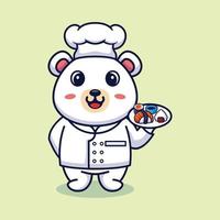vetor urso polar chef mascote logotipo cartoon fofo criativo kawaii. ilustração animal fofa carregando comida de sushi