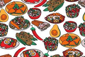vetor padrão sem emenda de comida mexicana. esboço desenhado à mão com comida latino-americana, como nachos, tacos, burritos, quesadilla, jalapeno, coentro, abacate, milho, feijão.