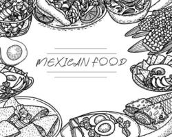modelo de menu de comida vetorial, cozinha latino-americana. esboços vintage preto e branco desenhados à mão de comida mexicana. vetor