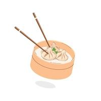 comida asiática, xiao long bao, pães chineses cozidos no vapor em uma cesta de bambu no fundo branco. ilustração vetorial vetor