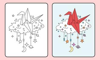 aprender a colorir para crianças e escola primária. origami vermelho, lua e estrelas vetor