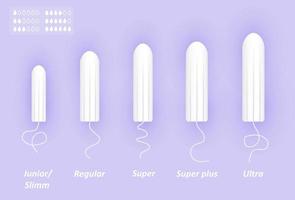 conjunto de tampões femininos. diferentes tamanhos de cotonetes. cuidado menstrual da mulher. Ilustração em vetor realista 3D de produtos de higiene íntima.