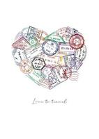coração feito de um passaporte carimba países diferentes com letras de amor para viajar vetor