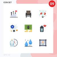Pacote de cores planas de 9 interfaces de usuário de sinais e símbolos modernos de moedas, processo inovador, educação, ideia inovadora, bulbo, elementos de design de vetores editáveis