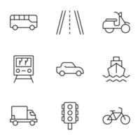 coleção de nove ícones de linha de ônibus, estrada, ciclomotor, trem, carro, navio, van, carga, semáforos, bicicleta para lojas, lojas, anúncios, aplicativos, interface do usuário. traços editáveis minimalistas vetor