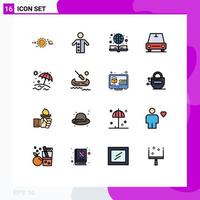 pacote de interface do usuário de 16 linhas básicas cheias de cores planas de veículos de praia globo de carro pregador elementos de design de vetores criativos editáveis