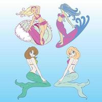 coleção de adesivos de personagem de desenho animado crianças sereia fofa surfando rabo de peixe na água vetor