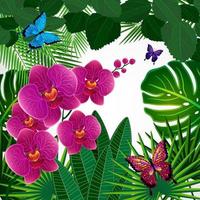 fundo de design floral. flores de orquídea com borboletas. vetor