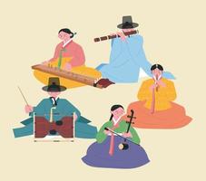 quarteto de música tradicional coreana. pessoas vestindo hanbok estão jogando gayageum, daegeum, janggu, haegeum e piri. vetor