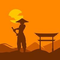 samurai japão espada cavaleiro vetor logo design colorido. fundo isolado para camiseta, pôster, roupas, produtos, vestuário, design de crachá.