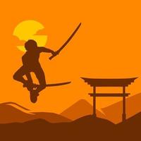 samurai japão espada cavaleiro vetor logo design colorido. fundo isolado para camiseta, pôster, roupas, produtos, vestuário, design de crachá.
