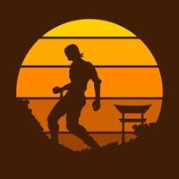 karate japan fighter knight logo design colorido com fundo de sol. fundo do pôr do sol isolado para camiseta, pôster, roupas, mercadoria, vestuário, design de crachá vetor