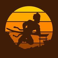 logotipo de vetor de samurai japão espada cavaleiro no pôr do sol do círculo. fundo de guerreiro para camiseta, pôster, roupas, mercadoria, vestuário, design de crachá.