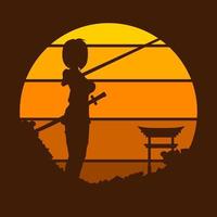 samurai japão espada cavaleiro vetor logo design colorido no pôr do sol. fundo isolado para camiseta, pôster, roupas, produtos, vestuário, design de crachá.