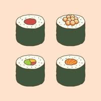 rabisco de desenho animado de sushi. deliciosa comida japonesa. vetor