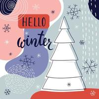 Olá ilustração de doodle de letras de inverno. fundo abstrato em tons de férias com uma árvore e flocos de neve. modelo de banner publicitário, à venda vetor