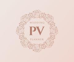 coleção de logotipos de monograma de casamento de carta de iniciais pv, modelos modernos minimalistas e florais desenhados à mão para cartões de convite, salve a data, identidade elegante para restaurante, boutique, café em vetor