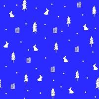 feliz ano novo e padrão perfeito de celebração de natal com silhueta de coelho branco, abeto e caixas de presente em fundo azul, imprimir para papel de parede, design de capa, embalagem, decoração de interiores de férias vetor