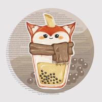 cute fox boba milktea usando cachecol para ilustração de clipart em aquarela de tema de inverno vetor