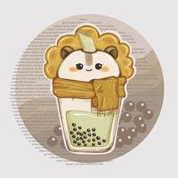 lindo bebê tigre boba milktea usando cachecol para ilustração de clipart de aquarela de tema de inverno vetor