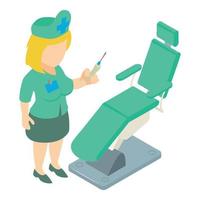 vetor isométrico de ícone de medicina odontológica. enfermeira perto da cadeira odontológica