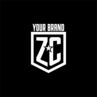 logotipo de jogo inicial zc com escudo e design de estilo estrela vetor