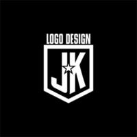 jk logotipo inicial do jogo com escudo e design de estilo estrela vetor
