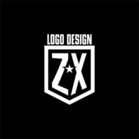 logotipo de jogo inicial zx com escudo e design de estilo estrela vetor