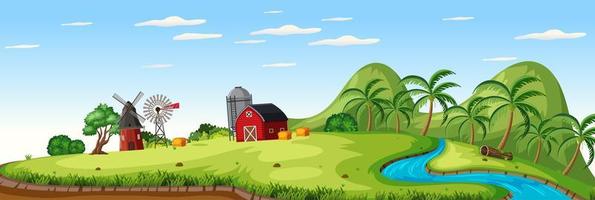 paisagem de fazenda com celeiro vermelho e moinho de vento no verão vetor