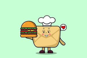 personagem de chef de envelope de desenho animado bonito segura hambúrguer vetor