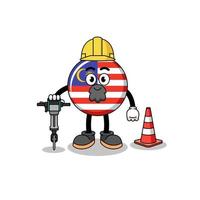 desenho de personagem da bandeira da malásia trabalhando na construção de estradas vetor