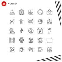 conjunto de 25 ícones de interface do usuário modernos, símbolos, sinais para imagem de comunicação de envelope, distintivo de soldado, elementos de design de vetores editáveis