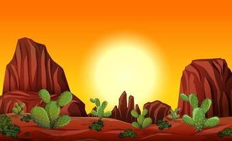 deserto com montanhas rochosas e paisagem de cactos na cena do pôr do sol vetor