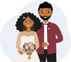 noiva e noivo afro-americanos. casado agora mesmo. Casamento. feliz casal amoroso afro-americano. ilustração vetorial vetor