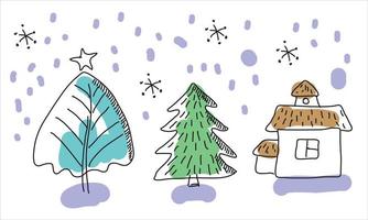 rabisco, natal desenhado à mão e ano novo com uma árvore de natal, véspera de natal, casa, floco de neve. ilustração moderna de design.vector de Natal. vetor