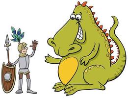 dragão e cavaleiro tendo uma conversa amigável desenho animado vetor