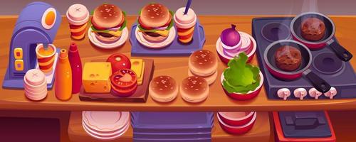 cozinha de restaurante de fast food com hambúrgueres vetor