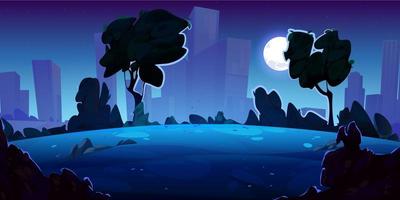 cidade da meia-noite dos desenhos animados com jardim público iluminado pela lua vetor