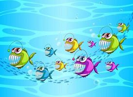 muitos peixes exóticos personagem de desenho animado na cena subaquática vetor