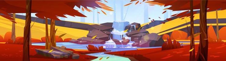 cachoeira na floresta de outono, paisagem 2d dos desenhos animados vetor