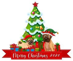 banner de fonte feliz natal 2020 com cachorro fofo em fundo branco vetor