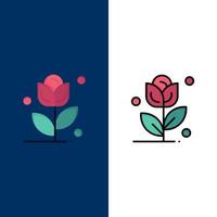 flor rosa ícones de amor plano e conjunto de ícones cheios de linha vector fundo azul